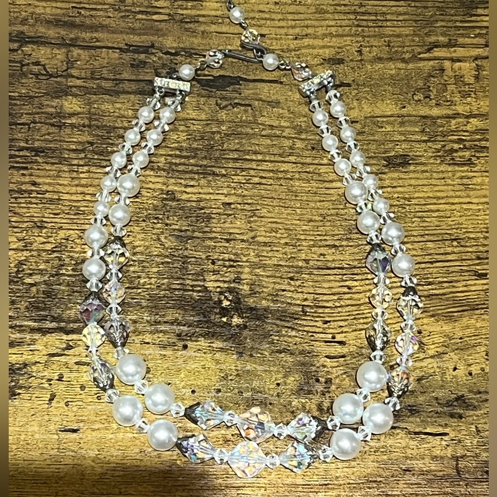 Vintage Aurora Borealis Double Strand Pearl & Crystal Beaded Necklace